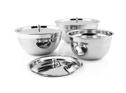 Shri & Sam Stainless Steel Serving Bowl with Stainless Steel Lid, 3 Pieces, Silver (Tezon)